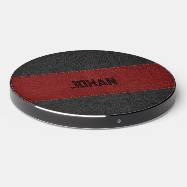 Masculine Red & Black Stitched Leather Texture Wireless Charger (Front 2)