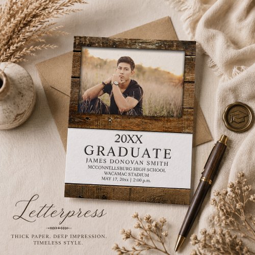 Masculine Rustic Barnwood Photo Graduation | Letterpress Photo Cards