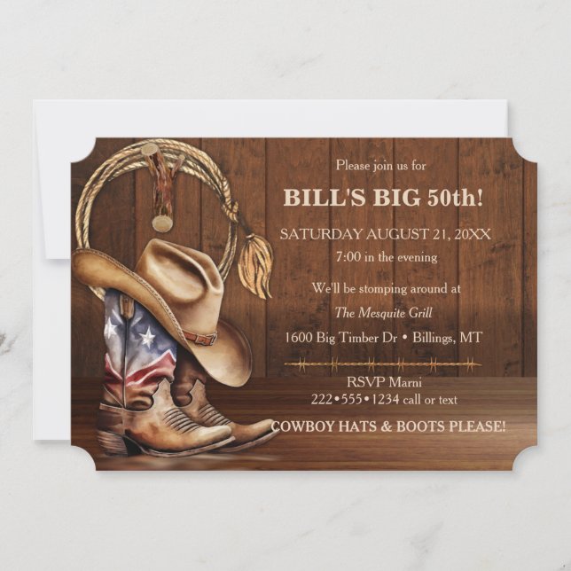 Masculine Rustic Cowboy Hat Boots Wood  Western Invitation (Front)