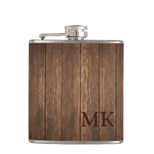 Masculine Rustic Wood Design Initial Monogram Flask