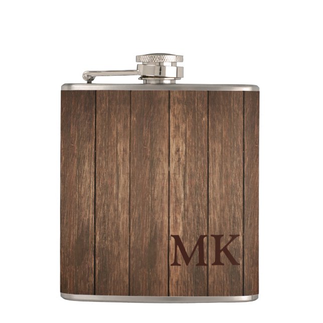 Masculine Rustic Wood Design Initial Monogram Flask (Front)