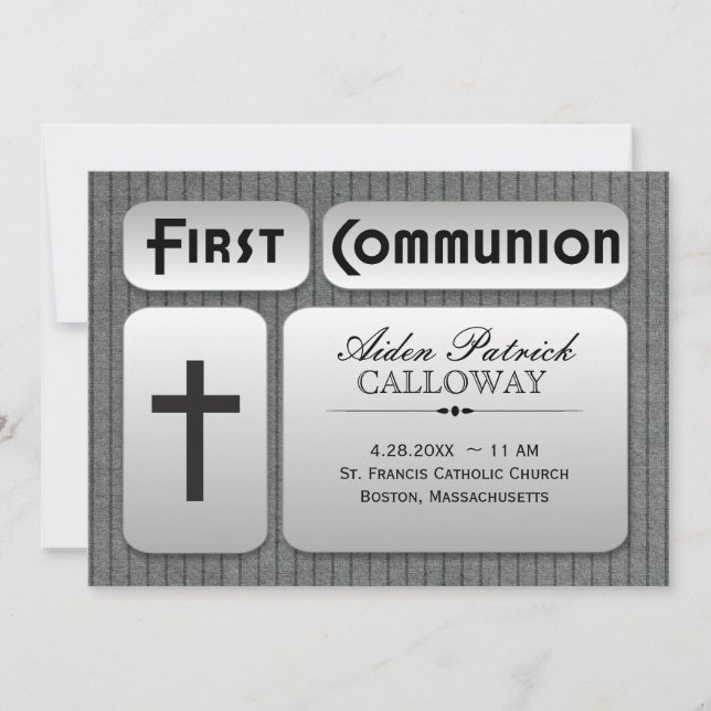 Masculine Silver Gray Pinstripes First Communion Invitation (Front)