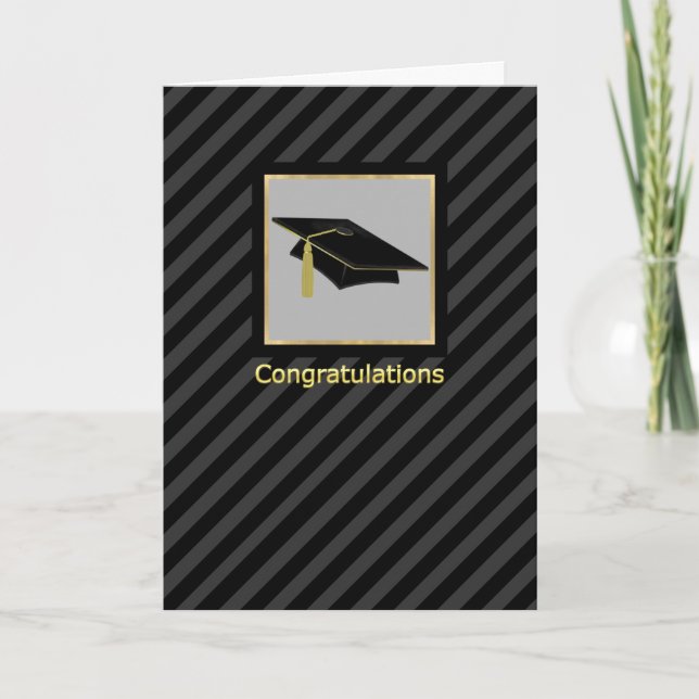 Masculine Stripe and Mortarboard Cap Graduation Card (Front)