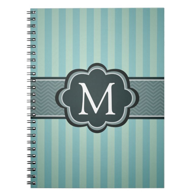 Masculine Teal Blue Stripes Custom Monogram Notebook (Front)