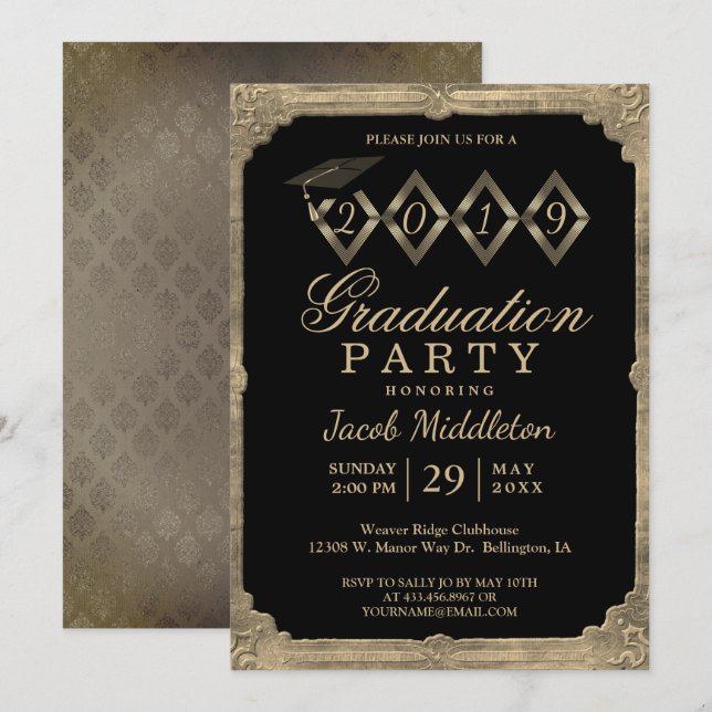 Masculine Vintage Black and Gold Graduation Invitation (Front/Back)