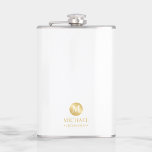 Masculine White and Gold Personalized Groomsmen Flask<br><div class="desc">Add a personal touch to your wedding with personalized groomsmen flask. This flask features white monogram in gold circle element with name and title in gold professional font style on white background. Also perfect for best man, father of the bride and more. Please Note : The foil details are simulated...</div>