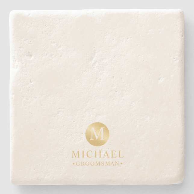Masculine White and Gold Personalized Groomsmen Stone Coaster (Front)