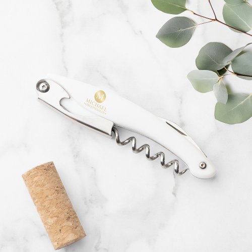 Masculine White and Gold Personalized Groomsmen Waiters Corkscrew