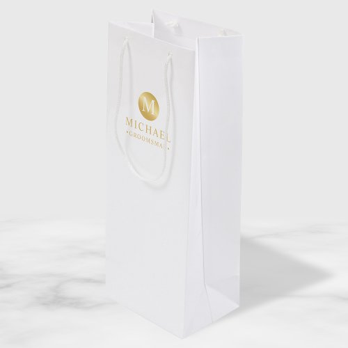 Masculine White and Gold Personalized Groomsmen Wine Gift Bag