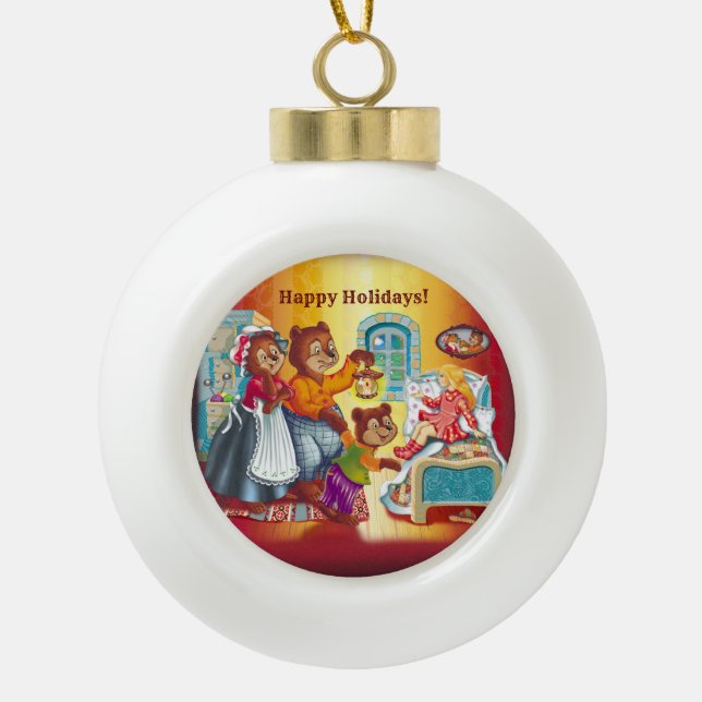 Masha and 3 fairy-tale bears ceramic ball christmas ornament (Front)