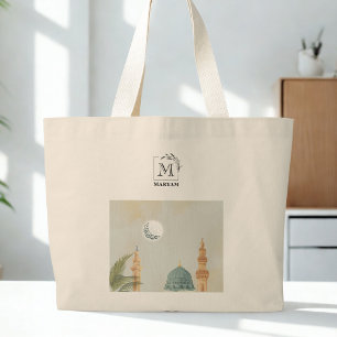 Masjid an Nabawi Hajj Mabrur   Sage Green & Cream  Large Tote Bag