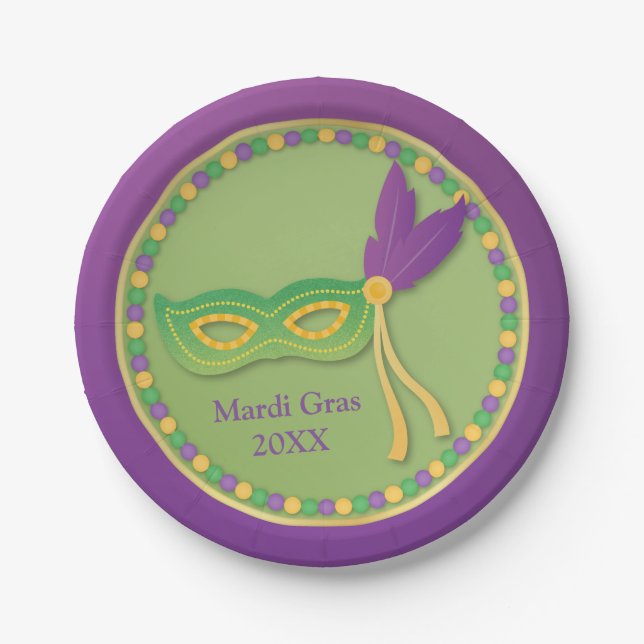 Mask and Beads Mardi Gras Party Supplies Paper Plates (Front)