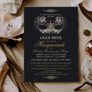 Mask Black Gold 50th Masquerade Birthday  Invitation