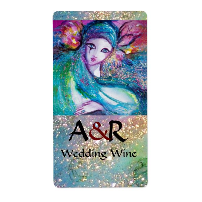 MASK IN BLUE MONOGRAM  Wedding Wine Label (Front)