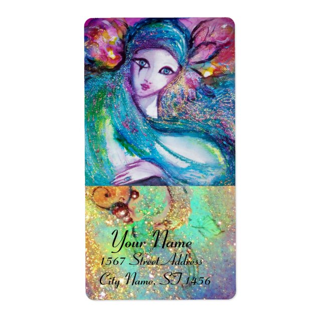 MASK IN BLUE , pink green gold sparkles Label (Front)