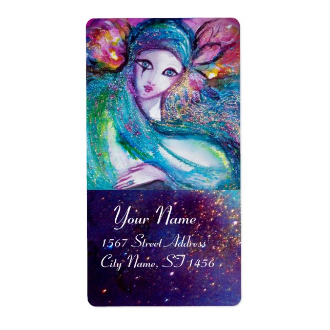 MASK IN BLUE , pink green gold sparkles Label (Front)