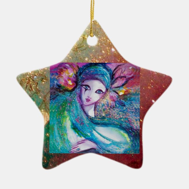 MASK IN BLUE, Yellow Star Monogram Ceramic Ornament (Front)