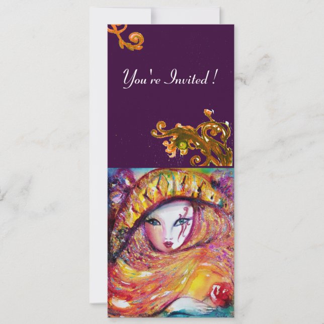MASK IN YELLOW, MARDI GRAS PARTY black purple red Invitation (Front)