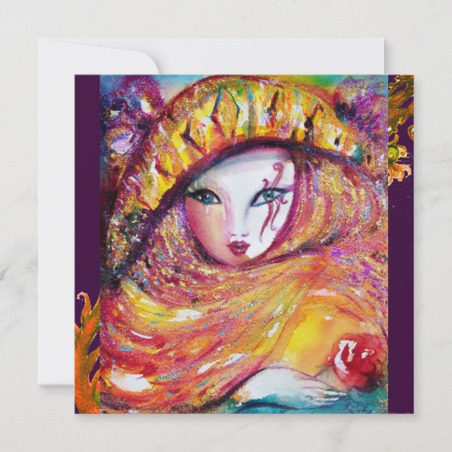 MASK IN YELLOW,MARDI GRAS PARTY champagne metallic Invitation (Front)