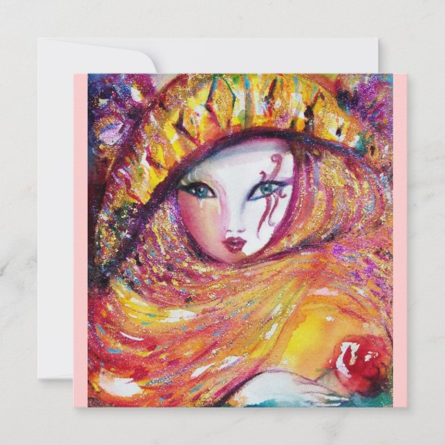 MASK IN YELLOW, MARDI GRAS PARTY purple red rose (Front)