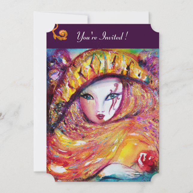 MASK IN YELLOW,MARDI GRAS PARTY  purple red violet Invitation (Front)