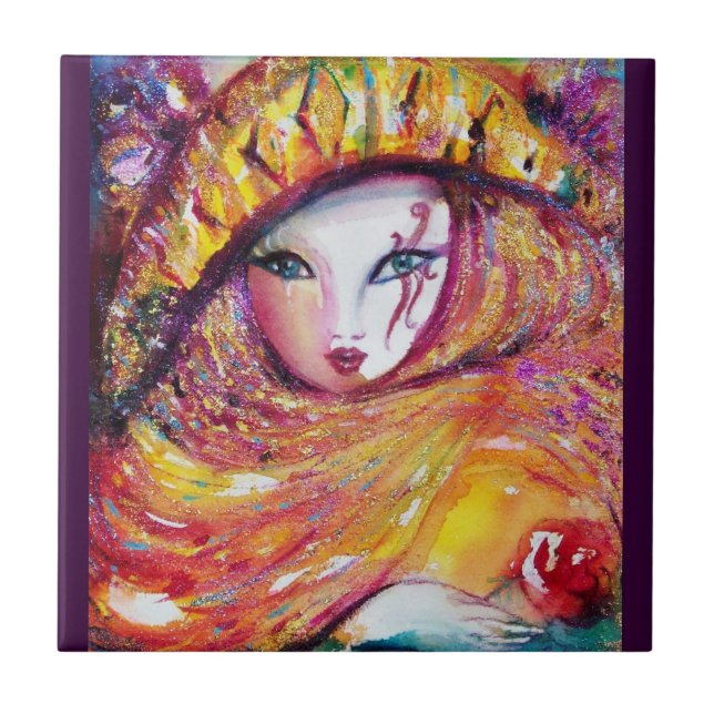 MASK IN YELLOW / Venetian Masquerade Ball,Purple Ceramic Tile (Front)