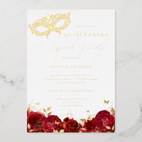 Mask Masquerade Party Red Gold Rose Quinceanera Foil Invitation