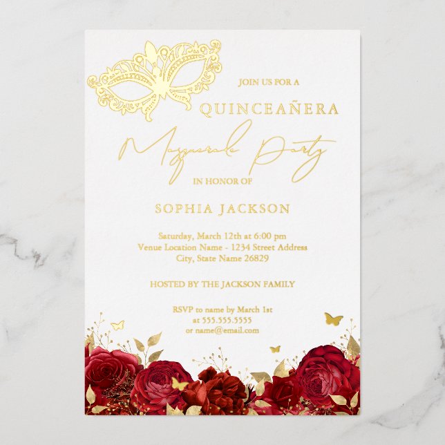 Mask Masquerade Party Red Gold Rose Quinceanera Foil Invitation (Front)
