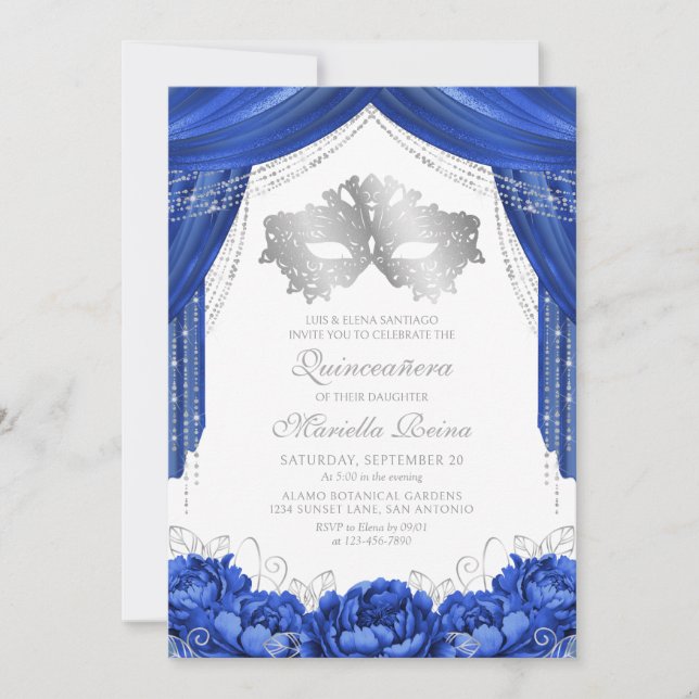 Mask Masquerade Royal Blue Quinceanera Invitation (Front)