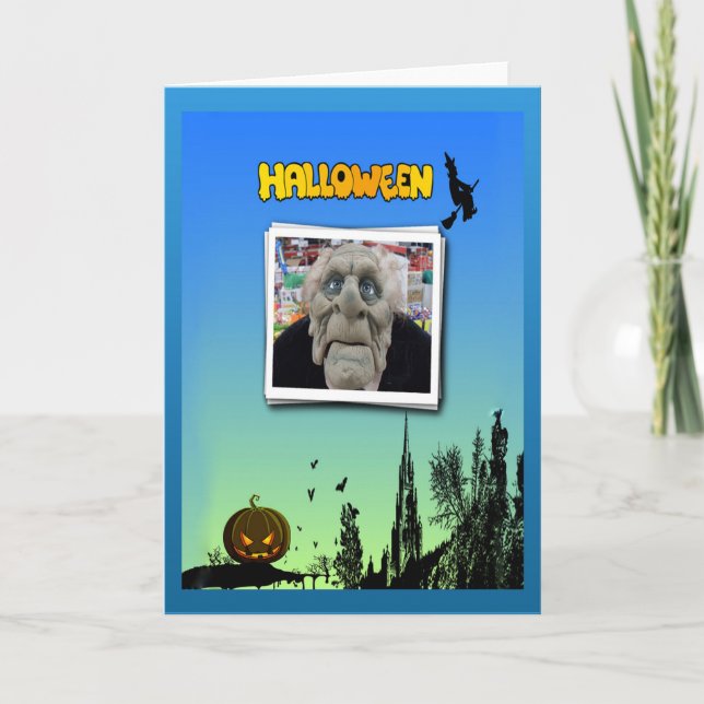 Mask of Old Man, Flying Witch and Jack o Lantern Card (Front)