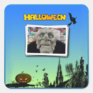 Mask of Old Man, Flying Witch and Jack o Lantern Square Sticker
