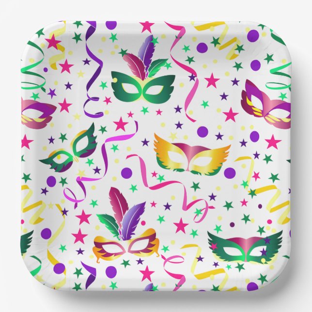 Mask Paper Plates, Masquerade Party Tableware Plates (Front)