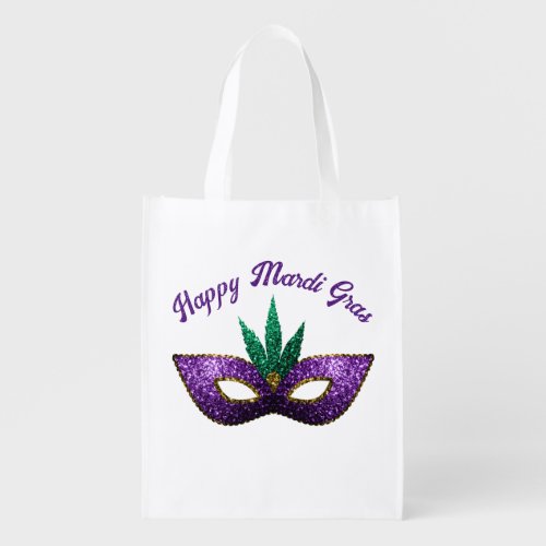 Mask Purple Green Sparkles Happy Mardi Gras 2 side Grocery Bag