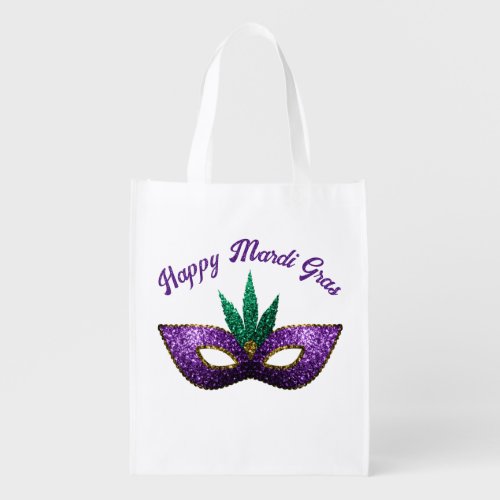 Mask Purple Green Sparkles Happy Mardi Gras Grocery Bag