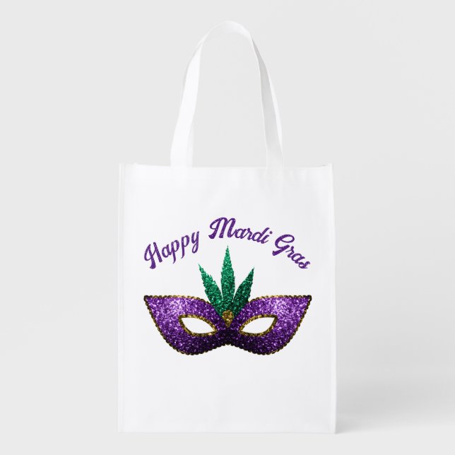 Mask Purple Green Sparkles Happy Mardi Gras Grocery Bag (Front)