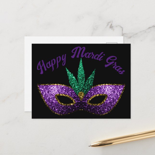 Mask Purple Green Sparkles Happy Mardi Gras Postcard (Front/Back In Situ)