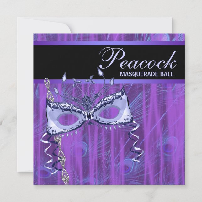 Mask Purple Peacock Feathers Masquerade Party Invitation (Front)