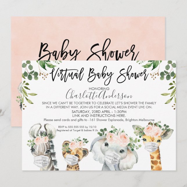 Mask Safari Animals Virtual Baby Shower  Invitation (Front/Back)