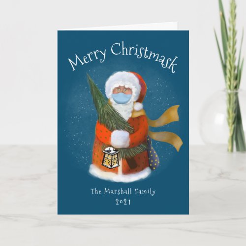 Mask Santa Illustration Blue Non_Photo Holiday Card