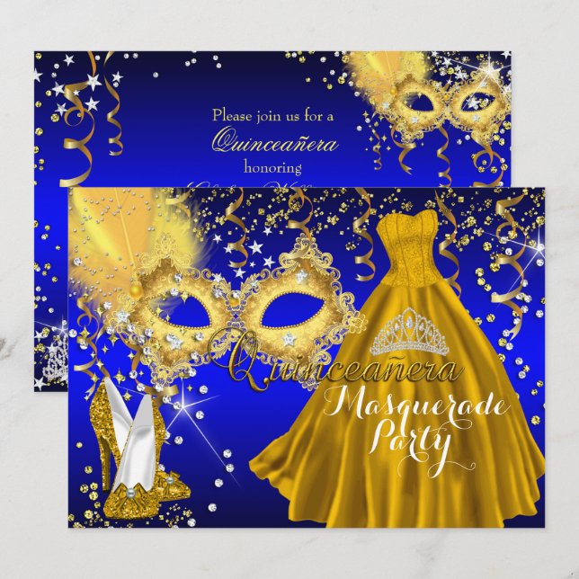 Mask Tiara Masquerade Quinceanera Gold Blue Invitation (Front/Back)