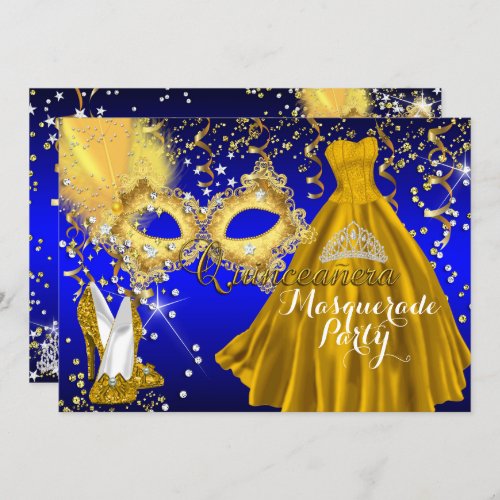 Mask Tiara Masquerade Quinceanera Gold Blue Invitation
