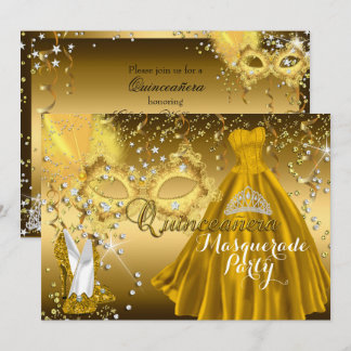 Mask & Tiara Masquerade Quinceanera Gold Invite