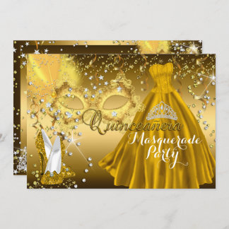 Mask & Tiara Masquerade Quinceanera Gold Invite
