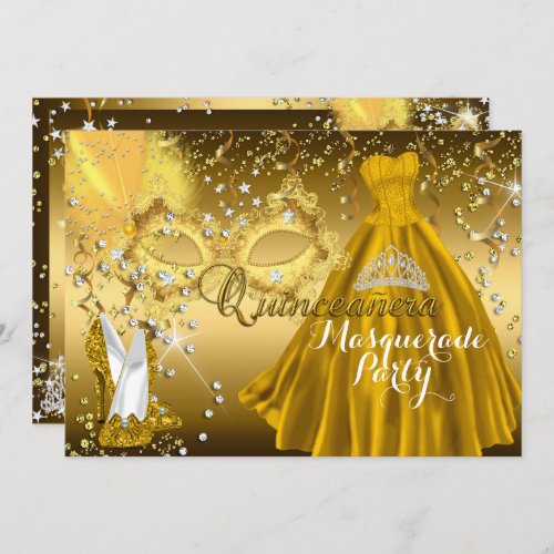 Mask  Tiara Masquerade Quinceanera Gold Invite