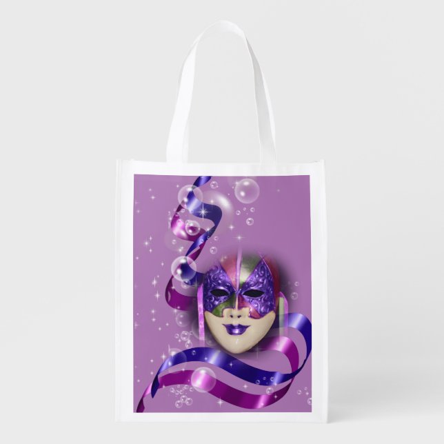 Mask venetian purple ribbons bubbles grocery bag (Front)