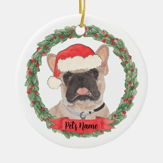 Masked Frenchie French Bulldog Christmas Ceramic Ornament (Front)