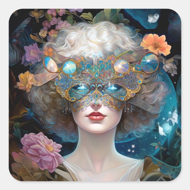 Masked Lady Fantasy Art Square Sticker (Front)