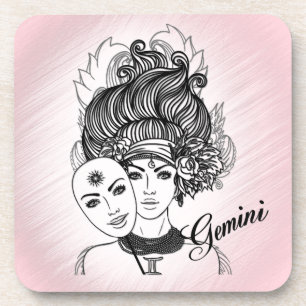 Masked Lady Gemini Zodiac Symbol and Sign Pink Beverage Coaster