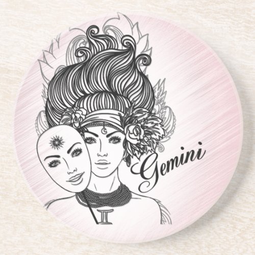 Masked Lady Gemini Zodiac Symbol and Sign Pink Coaster