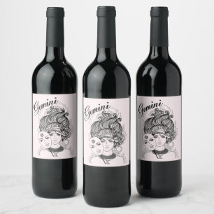 Masked Lady Gemini Zodiac Symbol and Sign Pink Wine Label